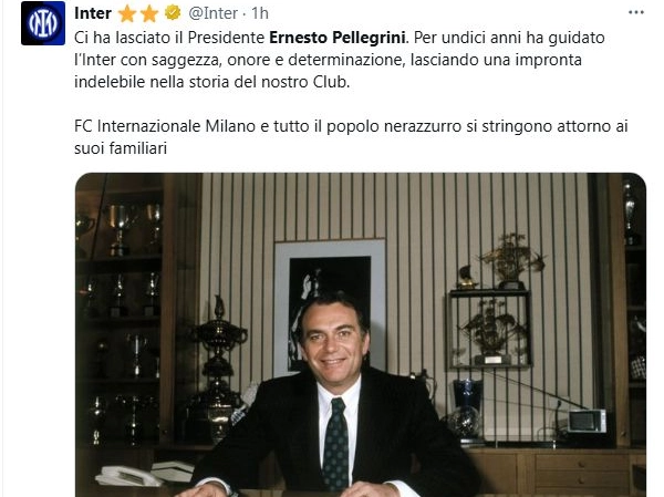 L'Inter su X ricorda Ernesto Pellegrini
