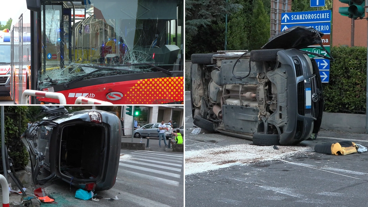 Bergamo, scontro fra un’auto e un bus a Scanzorosciate: il veicolo si ribalta, muore donna di 78 anni