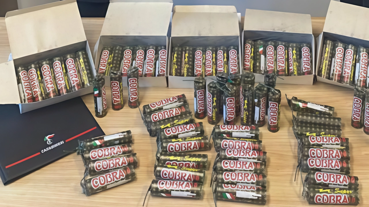 Il sequestro dei botti illegali del modello Super Cobra 10 effettuato dai carabinieri nell’abitazione di un 31enne di Laveno Mombello Il sequestro dei botti illegali del modello Super Cobra 10 effettuato dai carabinieri nell’abitazione di un 31enne di Laveno Mombello