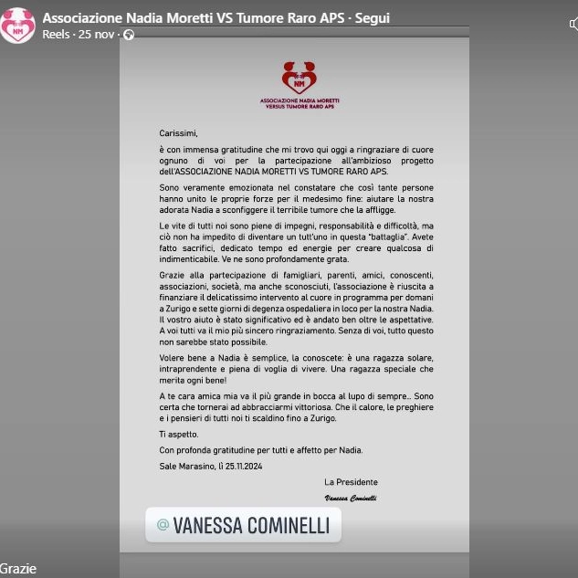 Il post Facebook dell'Associazione Nadia Moretti