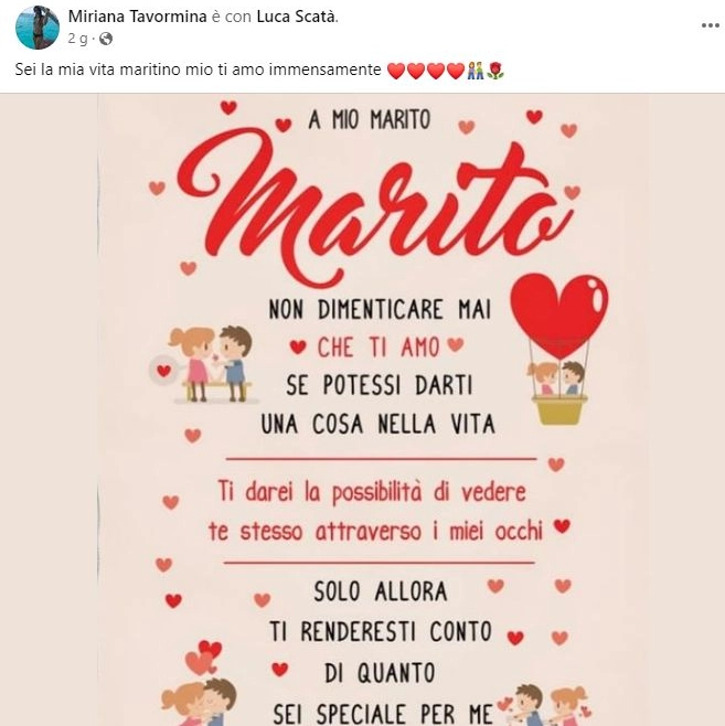 Il post facebook di Miriana Tavormina per suo marito, Luca Scatà