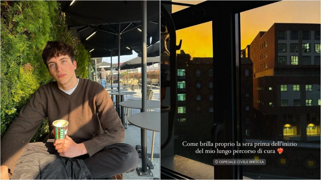 A destra Stefano Cirillo, tiktoker di 19 anni e a sinistra il tramonto sull'ospedale di Brescia, ripreso dal giovane all'inizio delle sue cure A destra Stefano Cirillo, tiktoker di 19 anni e a sinistra il tramonto sull'ospedale di Brescia, ripreso dal giovane all'inizio delle sue cure