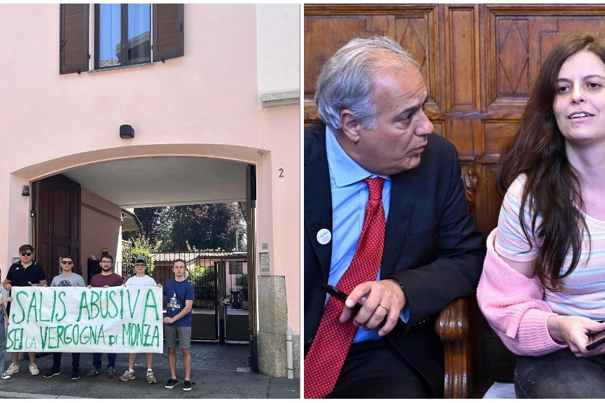 Lo striscione dei militanti leghisti; a destra, Roberto e Ilaria Salis