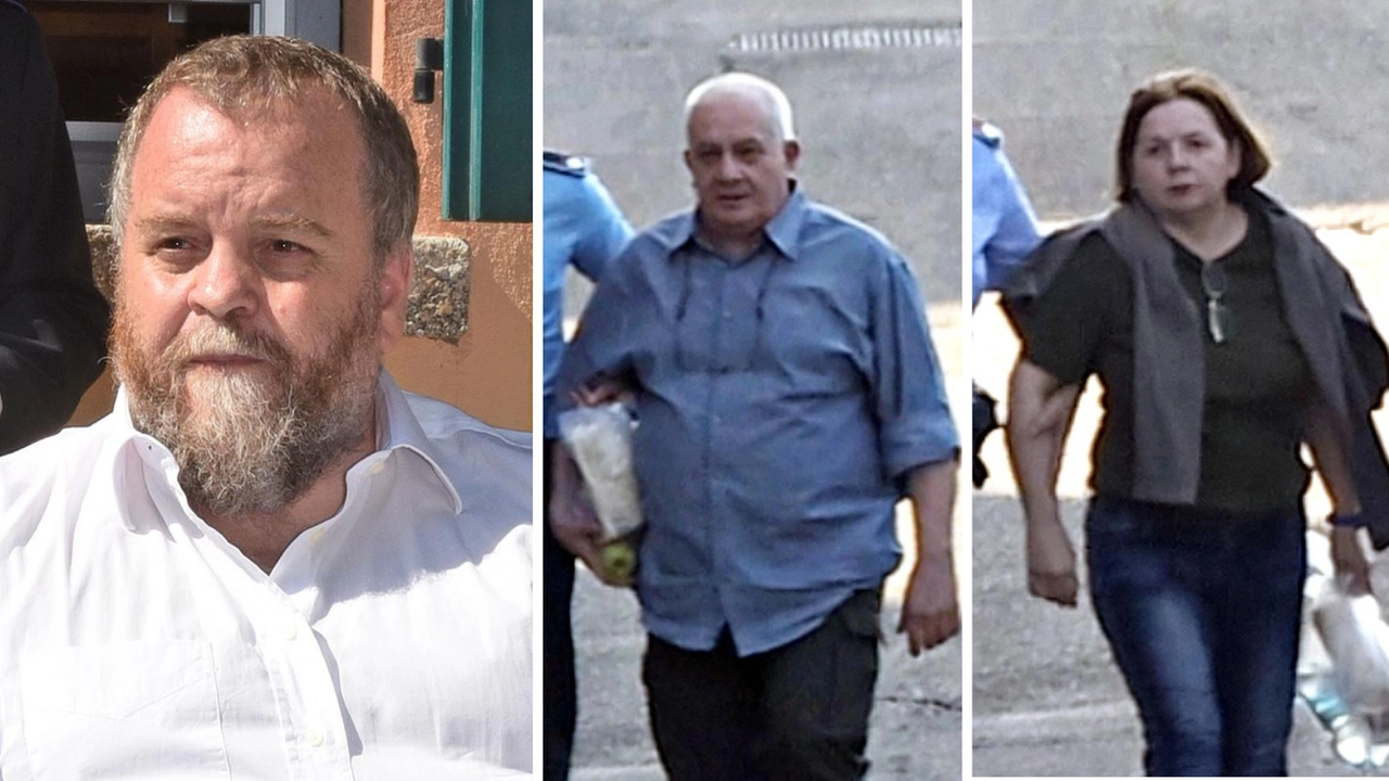 Pietro Castagna. A destra, Olindo Romani e Rosa Bazzi accompagnati in tribunale