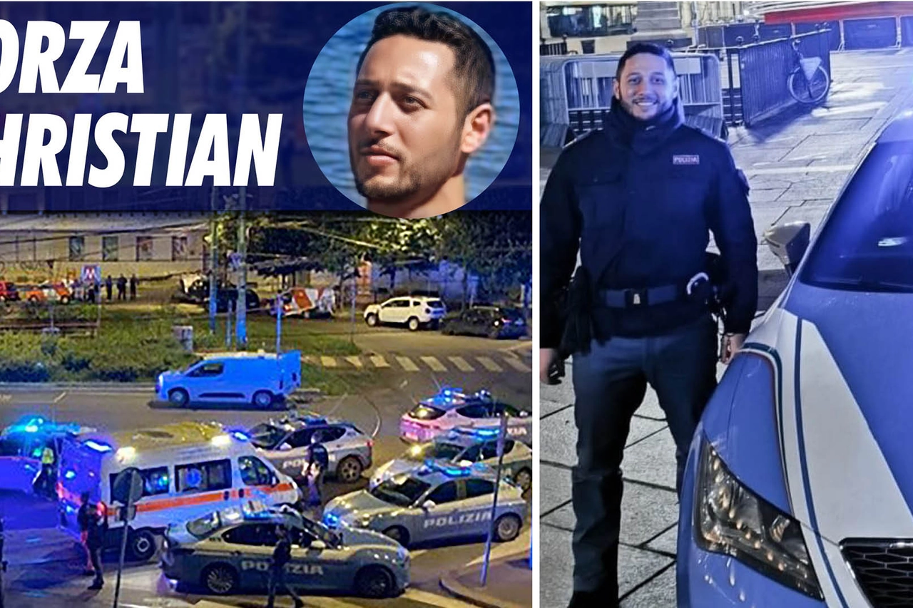 A sinistra la grafica che sta girando sui social a supporto del poliziotto ferito. A destra l'agente Christian Di Martino in servizio