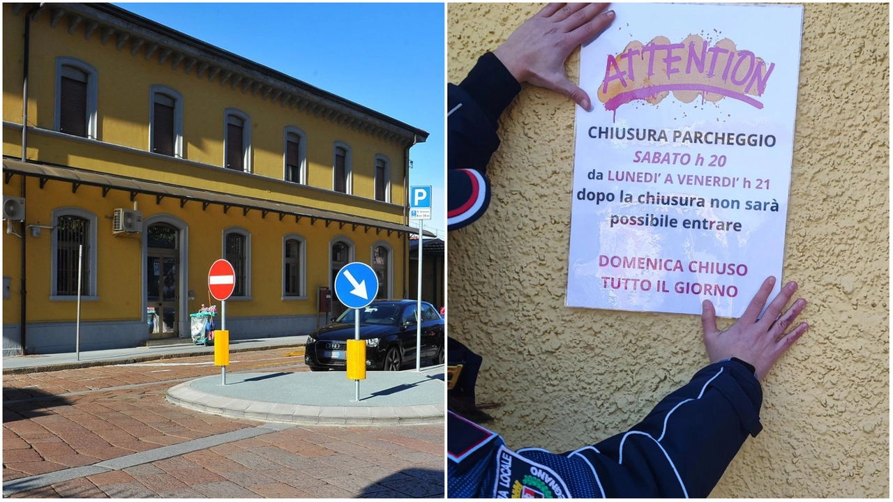 La stazione di Legnano; a destra, il cartello che ricorda gli orari del parcheggio