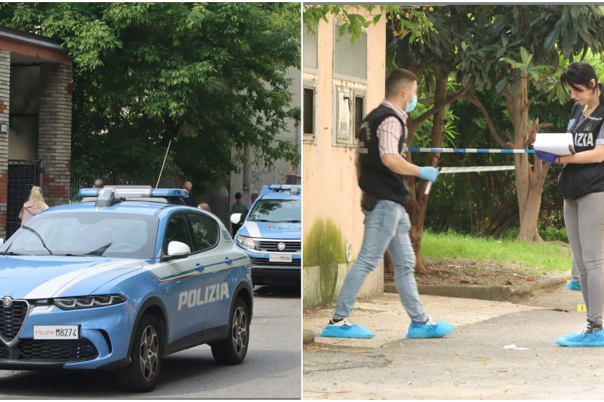 La polizia all'esterno e all'interno del palazzo del Lorenteggio dove si è verificata la spratatoria