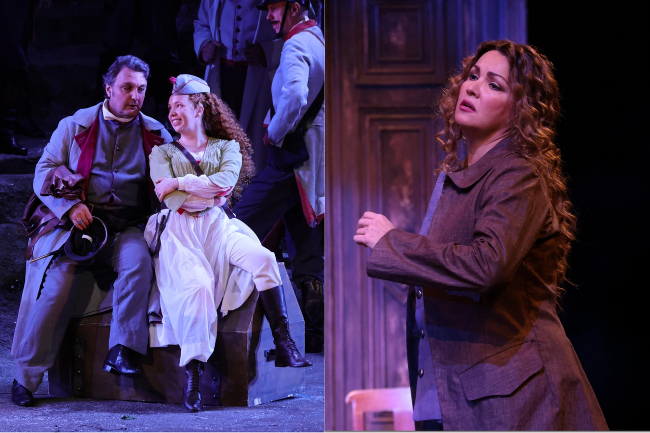 Il baritono Ludovic Tézier (Don Carlo di Vargas) e la mezzosoprano Vasilisa Berzhanskaya (Preziosilla); a destra Anna Netrebko durante la prova della scena nell’osteria  (Foto Brescia Amisano)