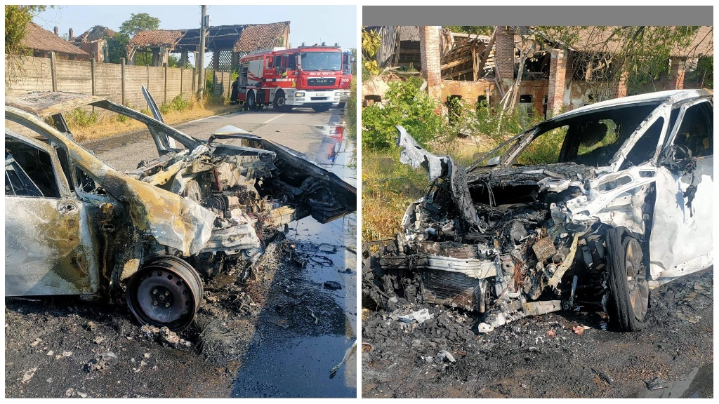 Le due auto distrutte dopo l’incidente e l’incendio sulla Sp184 Le due auto distrutte dopo l’incidente e l’incendio sulla Sp184
