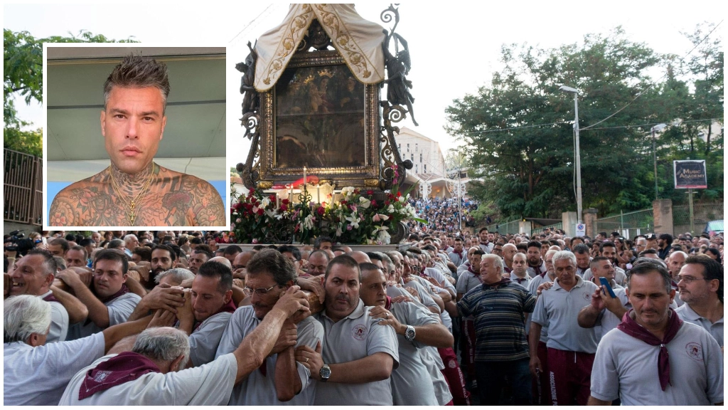 Un'immagine di una vecchia edizione della Festa della Madonna della Consolazione; nel riquadro, Fedez Un'immagine di una vecchia edizione della Festa della Madonna della Consolazione; nel riquadro, Fedez