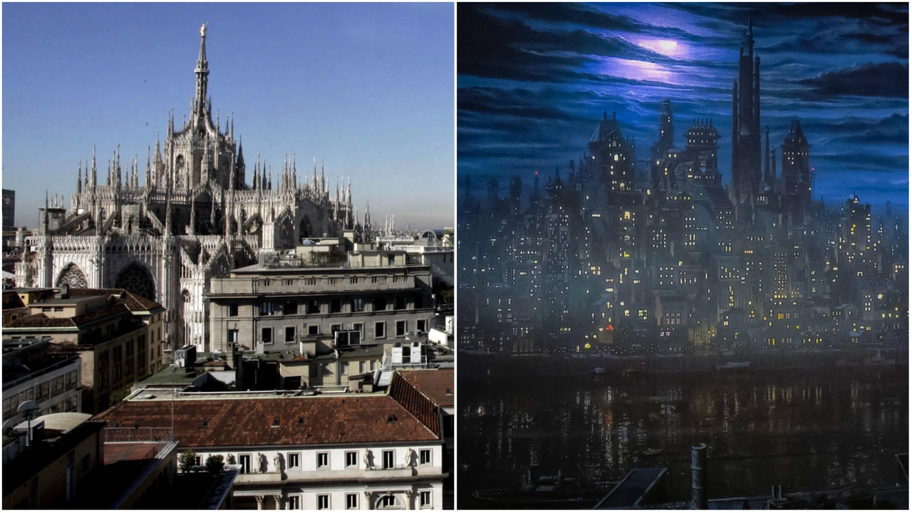 Una panoramica di Milano; a destra, Gotham City, la città di Batman, in un'immagine presa dai fumetti DC Una panoramica di Milano; a destra, Gotham City, la città di Batman, in un'immagine presa dai fumetti DC