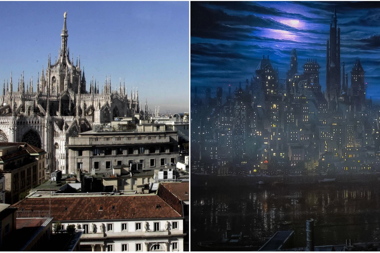 Una panoramica di Milano; a destra, Gotham City, la città di Batman, in un'immagine presa dai fumetti DC