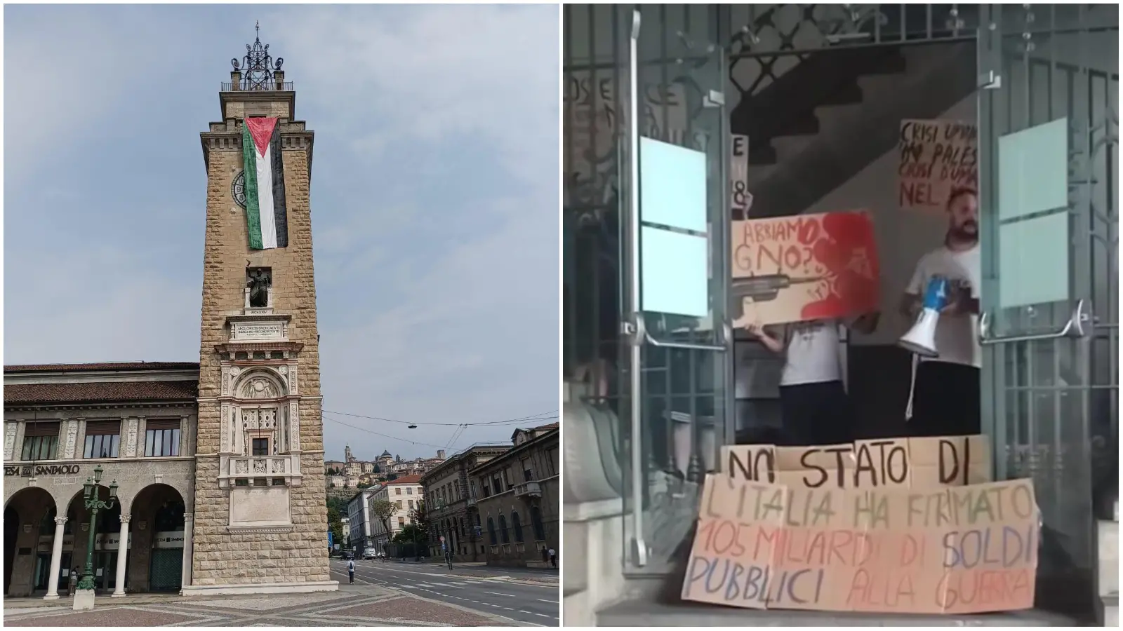 Bergamo: blitz alla Torre dei Caduti, esposta maxi-bandiera della Palestina
