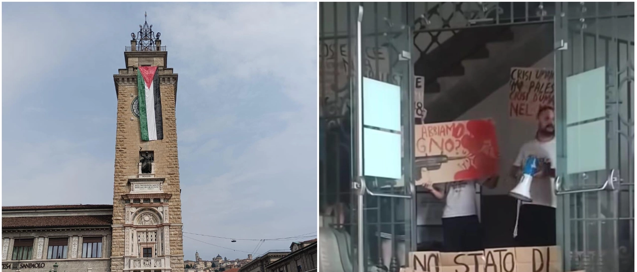 Bergamo: blitz alla Torre dei Caduti, esposta maxi-bandiera della Palestina