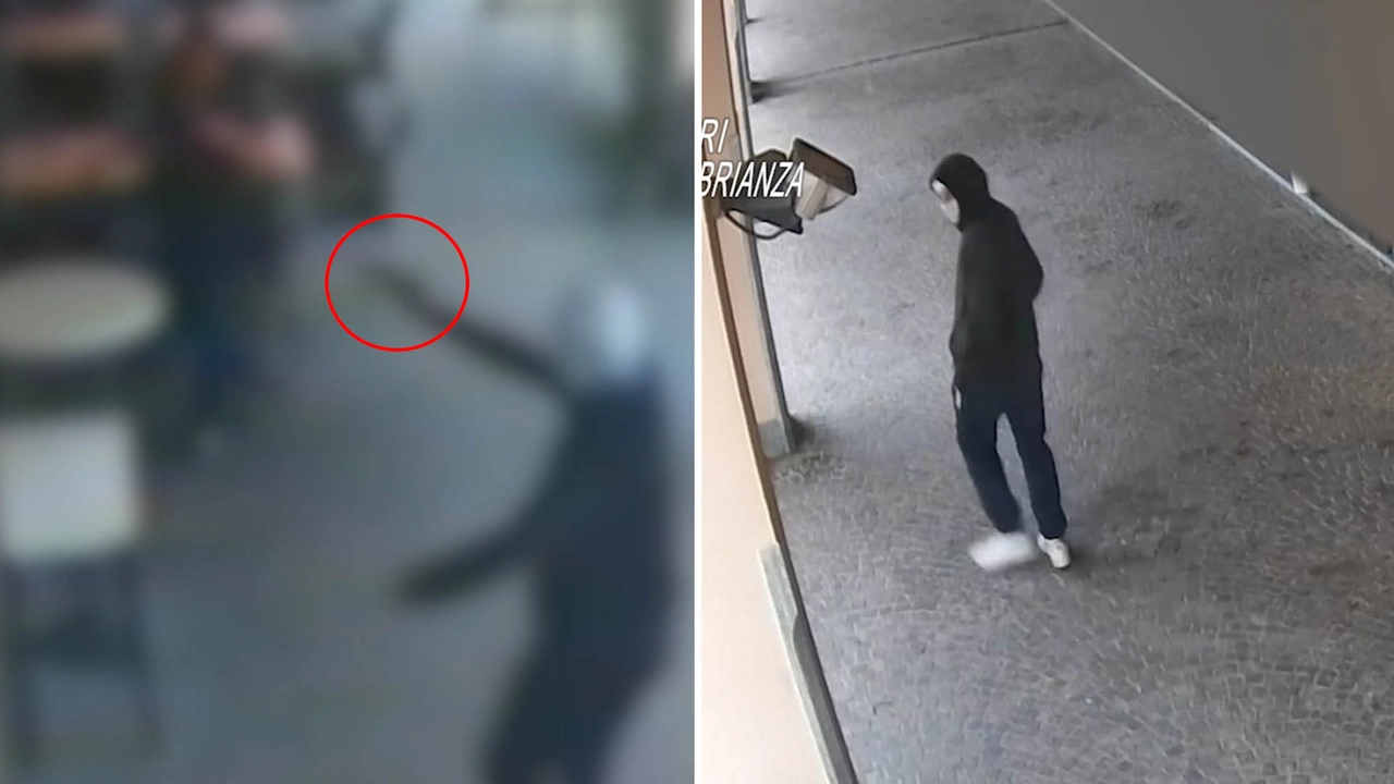 L'aggressore ripreso dalle telecamere di sorveglianza: nel primo frame mentre minaccia con una pistola la barista, poi stuprata. Nel secondo mentre si allontana dal locale