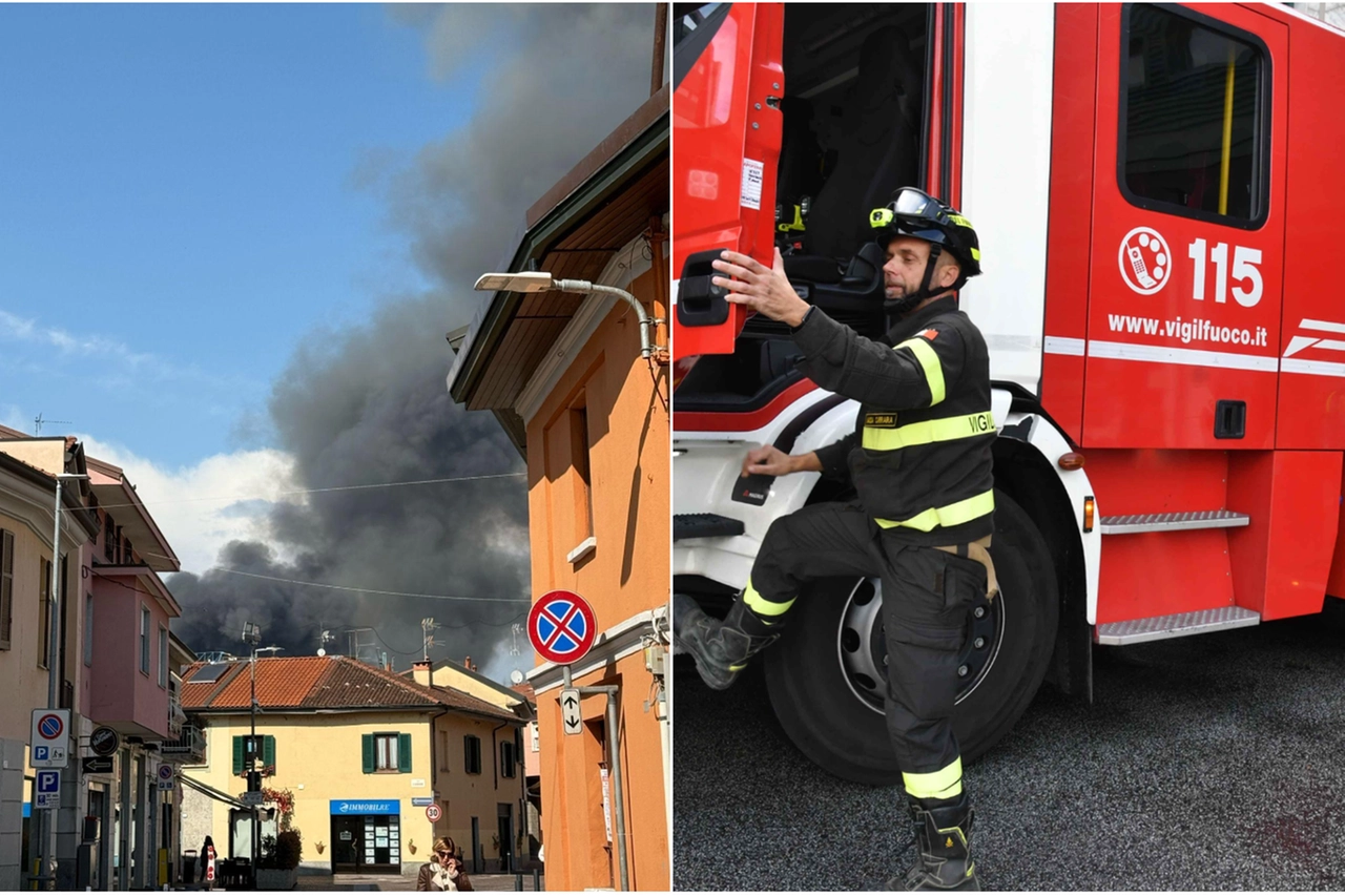 A sinistra la nube di fumo vista dal centro di Lainate
