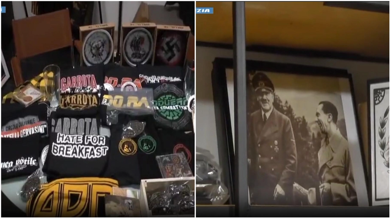 Due immagini del materiale sequestrato nella sede dei Do.Ra. (Frame video polizia) Due immagini del materiale sequestrato nella sede dei Do.Ra. (Frame video polizia)