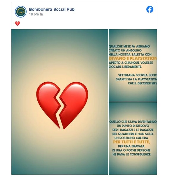 Furto al Bombonera Social Pub (Post profilo facebook)