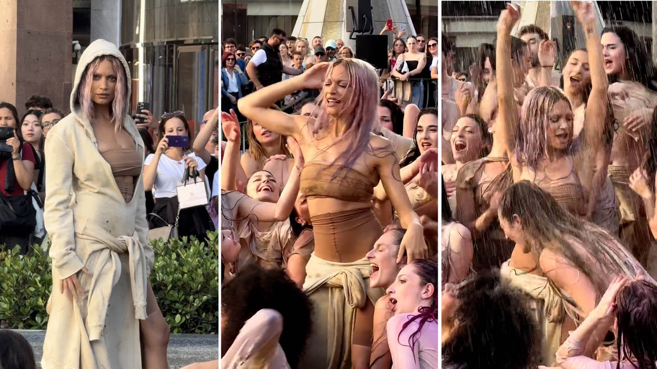 Alcuni momenti dell'esibizione di Elodie in piazza San Babila