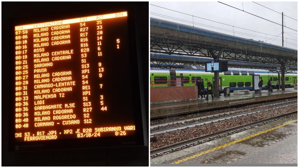 I treni segnalati in ritardo nel display della stazione Bovisa e la stazione di Saronno