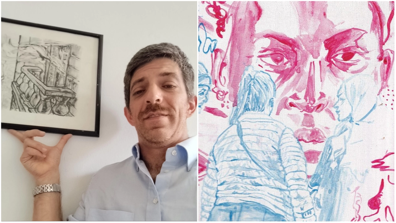 Lorenzo Argenziano, a sinistra, con una delle opere che sarà esposta allo Spazio Mùda; a destra, un particolare dell'opera inserita nell'invito Lorenzo Argenziano, a sinistra, con una delle opere che sarà esposta allo Spazio Mùda; a destra, un particolare dell'opera inserita nell'invito