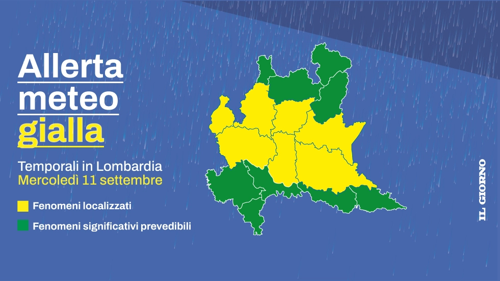 L’allerta meteo gialla in Lombardia scatta domani, mercoledì 11 settembre, alle 14 L’allerta meteo gialla in Lombardia scatta domani, mercoledì 11 settembre, alle 14