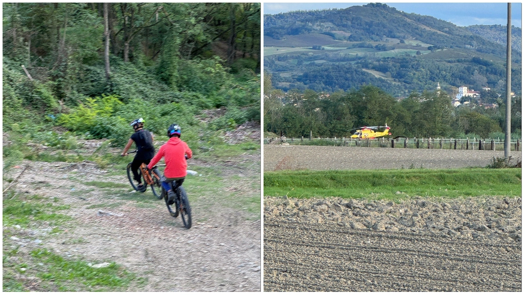 Le biciclette impegnate nell'off road e, a destra, l'arrivo dell'elicottero (Torres) Le biciclette impegnate nell'off road e, a destra, l'arrivo dell'elicottero (Torres)