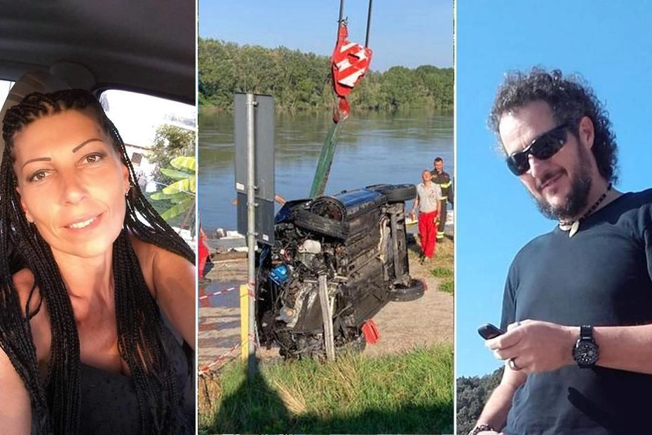 Lorena Vezzosi e Stefano Del Re, al centro l'auto recuperata dal fiume Po
