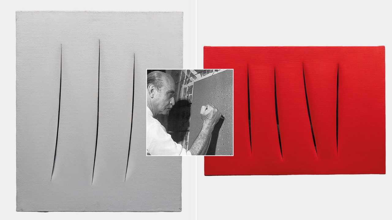 Le opere acquistate dal collezionista veneto e un'immagine di Lucio Fontana al lavoro