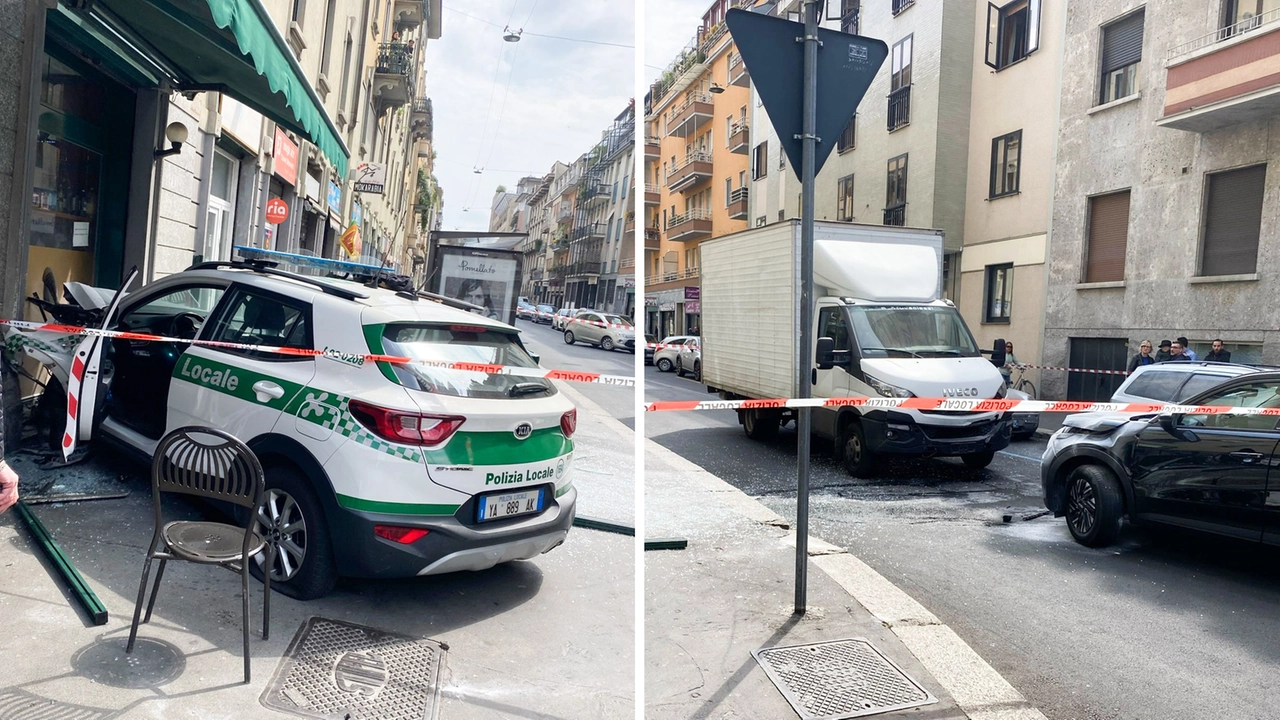 A destra l'auto della polizia locale finita contro il dehor del bar. A destra, l'Audi che stava inseguendo e il furgone tamponato