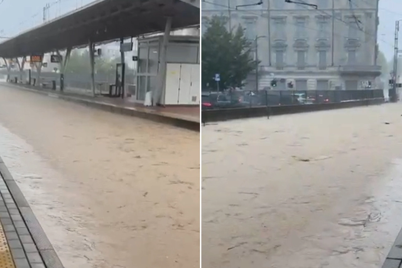 Due immagini dei binari sommersi dall'acqua a Meda