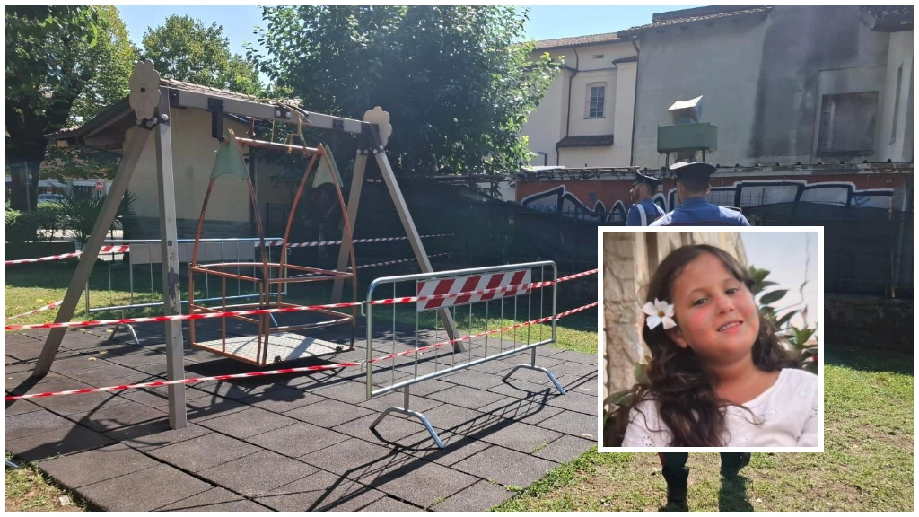 L'altalena dove si è verificata la tragedia, posta sotto sequestro. Nel riquadro, la piccola vittima Ritaj Lahmar L'altalena dove si è verificata la tragedia, posta sotto sequestro. Nel riquadro, la piccola vittima Ritaj Lahmar
