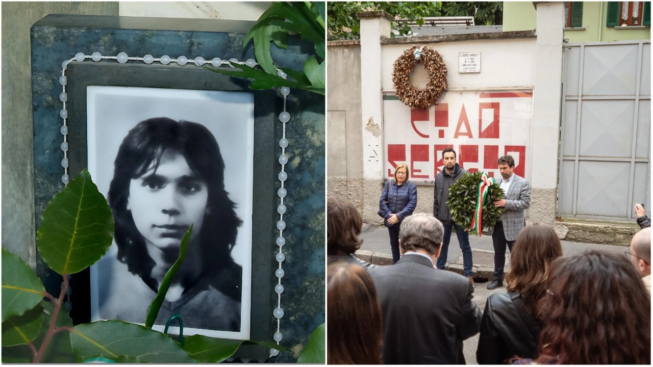 La foto di Sergio Ramelli sulla tomba; a destra, il murale in via Paladini dedicato al giovane studente missino aggredito a colpi di chiave inglese La foto di Sergio Ramelli sulla tomba; a destra, il murale in via Paladini dedicato al giovane studente missino aggredito a colpi di chiave inglese
