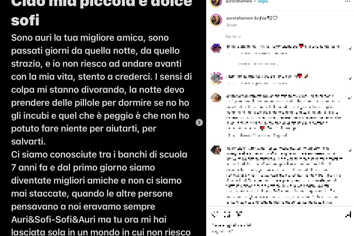 L'incipit della lettera pubblicata su Instagram da Aurora Fiameni, amica di Sofia Castelli