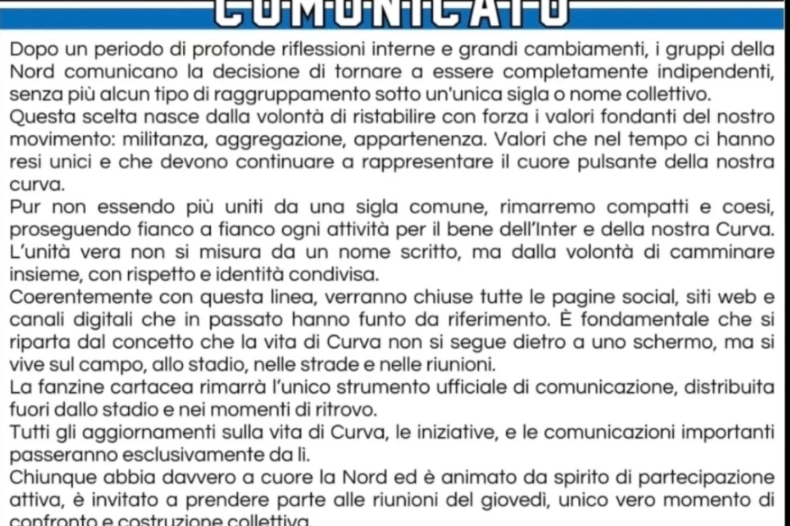 Il comunicato della curva nord interista