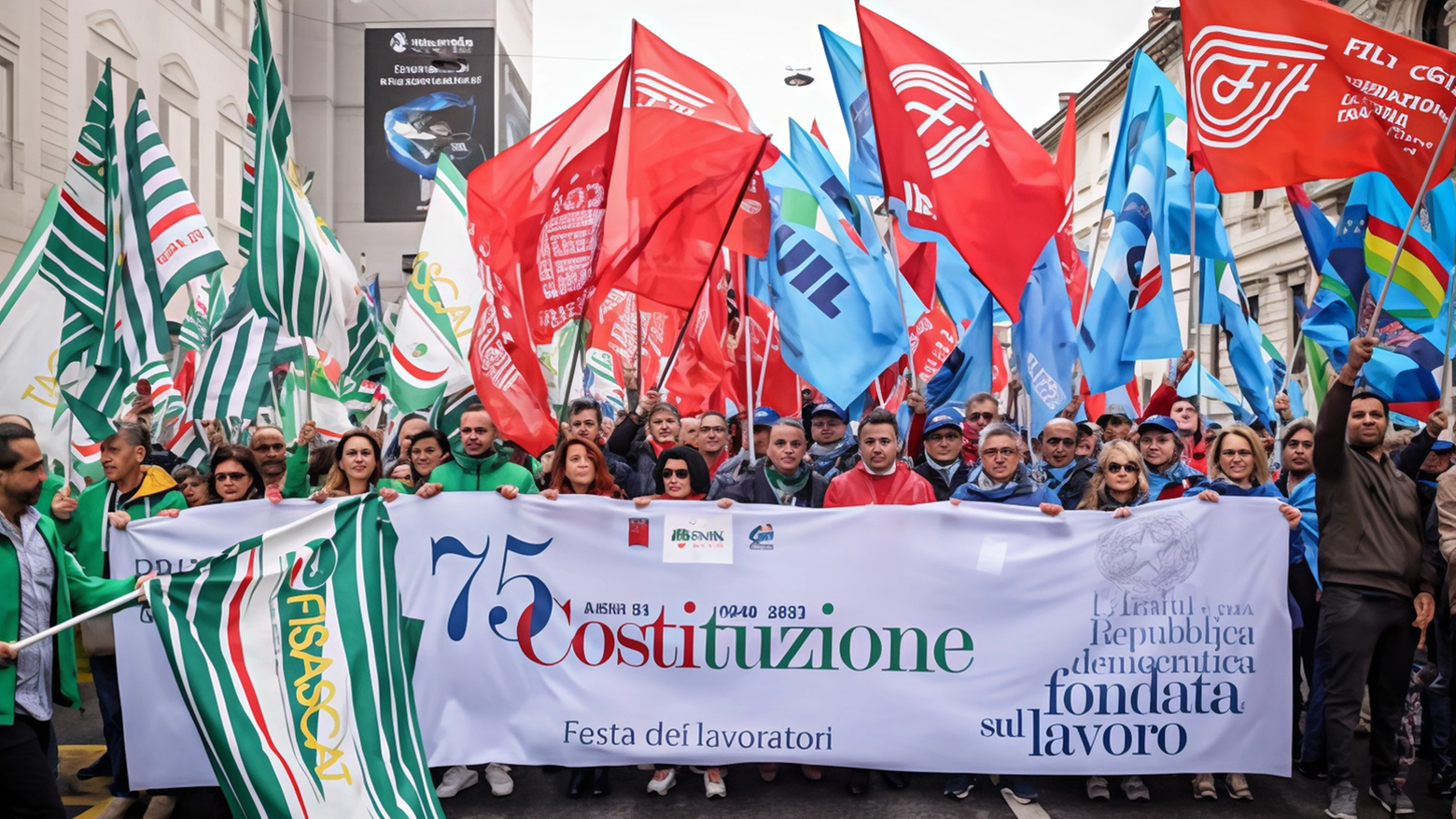 Primo maggio, il corteo milanese dei sindacati. Concerto di Omar Pedrini in piazza della Scala