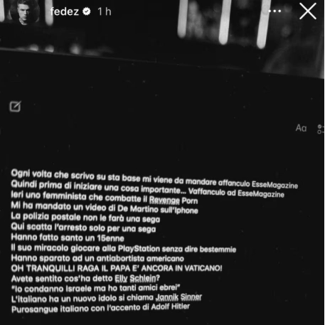 La storia di Fedez su Instagram con il riferimento a Sinner