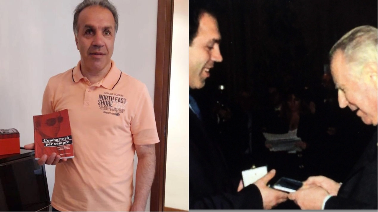 Tommaso Di Pilato con il suo libro dal titolo “Combatterò per sempre”; a destra l’incontro con il presidente Ciampi Tommaso Di Pilato con il suo libro dal titolo “Combatterò per sempre”; a destra l’incontro con il presidente Ciampi