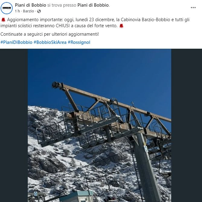 Piani di Bobbio, impianti chiusi a causa del forte vento (Foto profilo facebook)