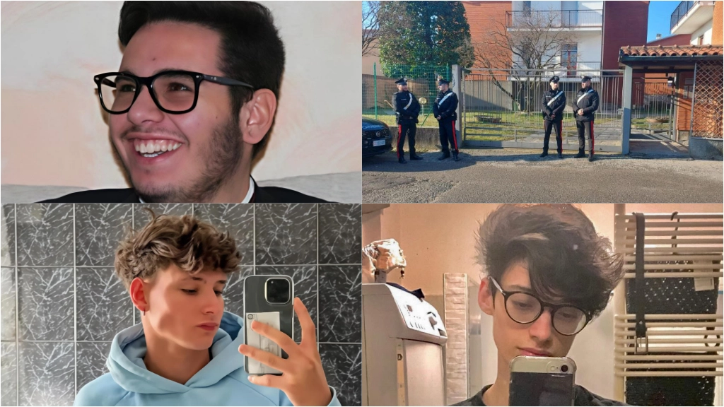 Dall'alto a sinistra in senso orario: Andrea Bossi, la palazzina di Cairate dov'è avvenuto l'omicidio, Douglas Carolo e Michele Caglioni