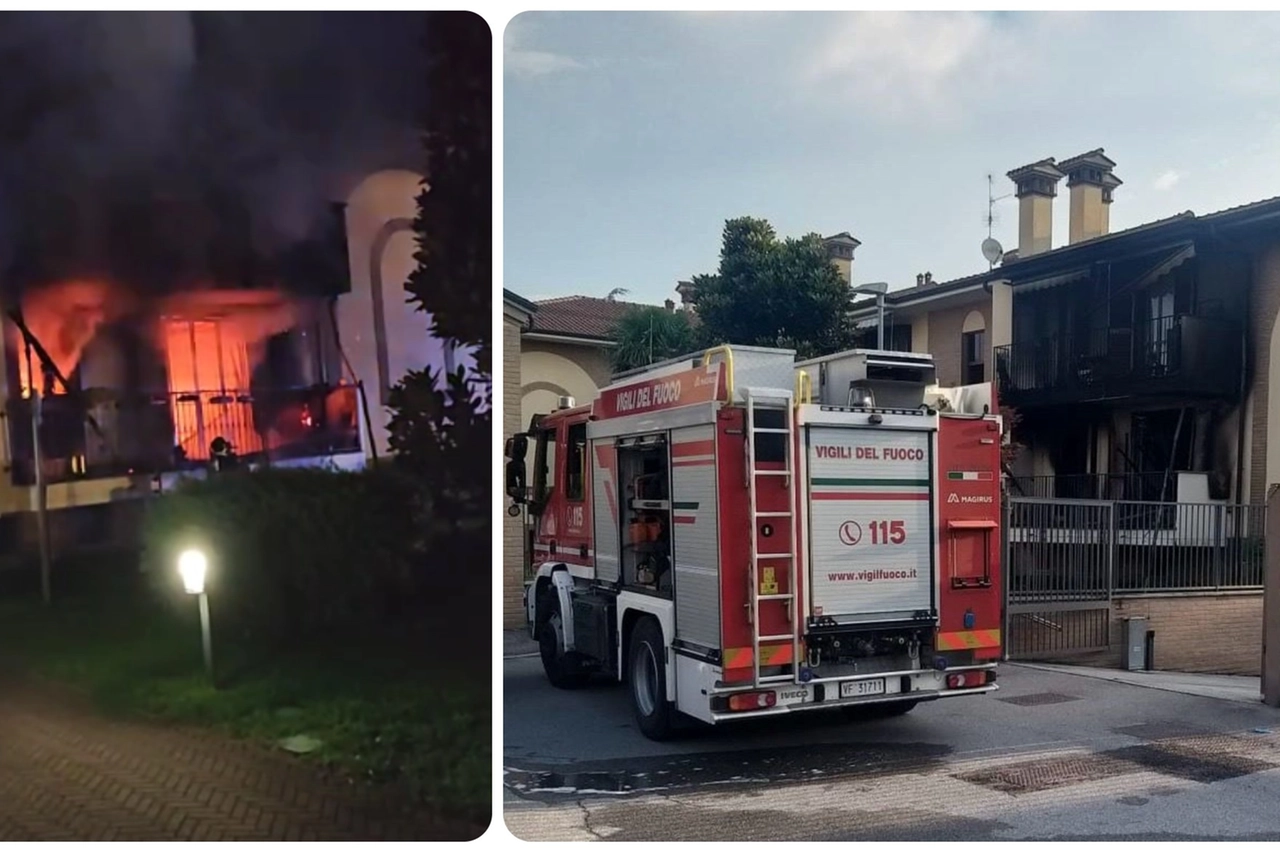 Incendio in un appartamento a Locate Triulzi. Le fiamme (Frame da un video del Tgr Lombardia) e la casa dopo che è stato spento il rogo (Foto vigili del fuoco)
