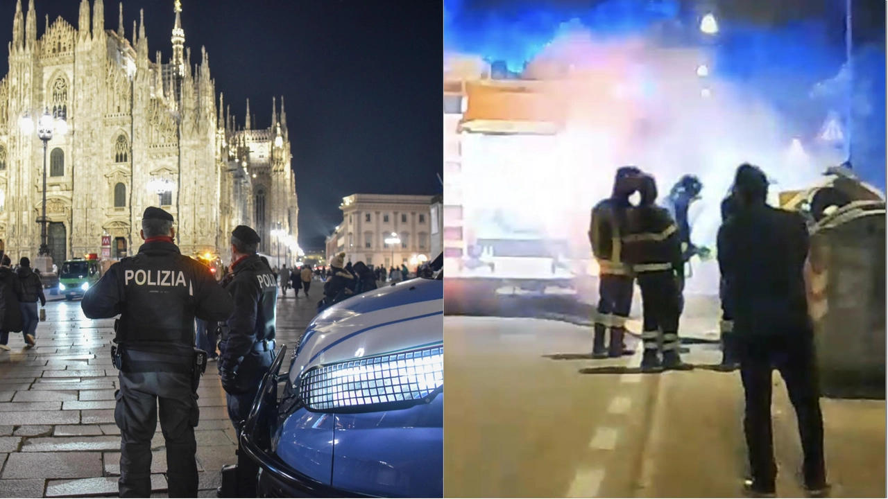 Controlli in piazza Duomo a Milano la notte di Capodanno e vigili del fuoco in azione per un cassonetto incendiato (foto di archivio)