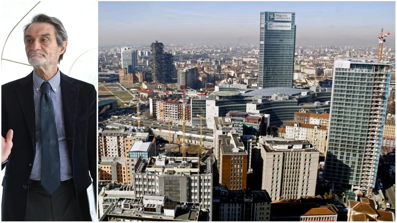 Il governatore Attilio Fontana e a destra un panorama di Milano dall'alto Il governatore Attilio Fontana e a destra un panorama di Milano dall'alto