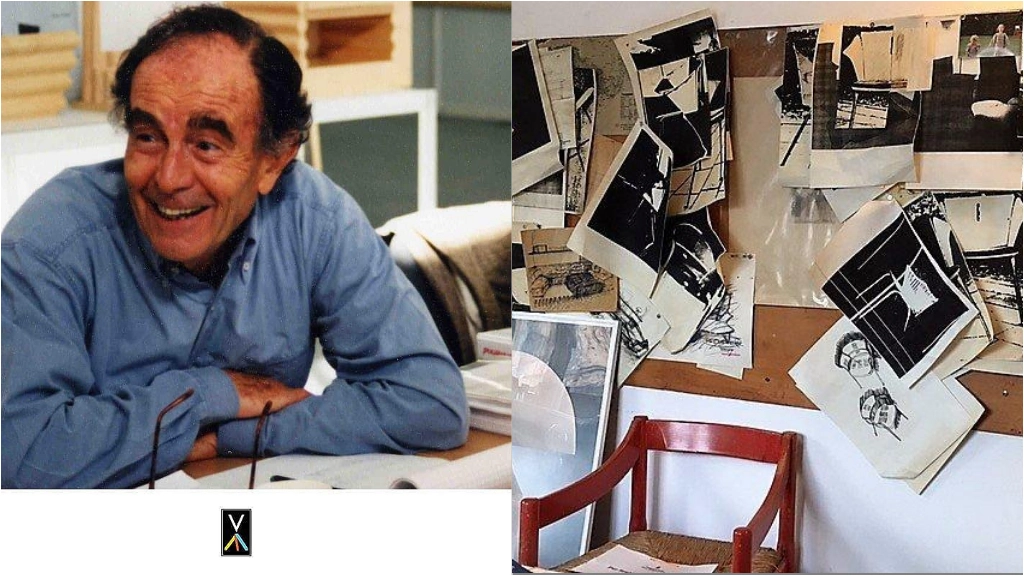 Vico Magistretti (1920-2006) in una foto che risalte agli anni 90 all’interno del suo studio (Fondazione Magistretti) Sotto un particolare della casa studio diventata museo con la sedia “Carimate“ e una serie di schizzi del designer Vico Magistretti (1920-2006) in una foto che risalte agli anni 90 all’interno del suo studio (Fondazione Magistretti) Sotto un particolare della casa studio diventata museo con la sedia “Carimate“ e una serie di schizzi del designer