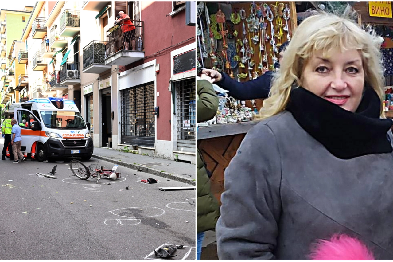 La bicicletta a terra dopo l'incidente; a destra, la vittima Svitlana Pavlyk