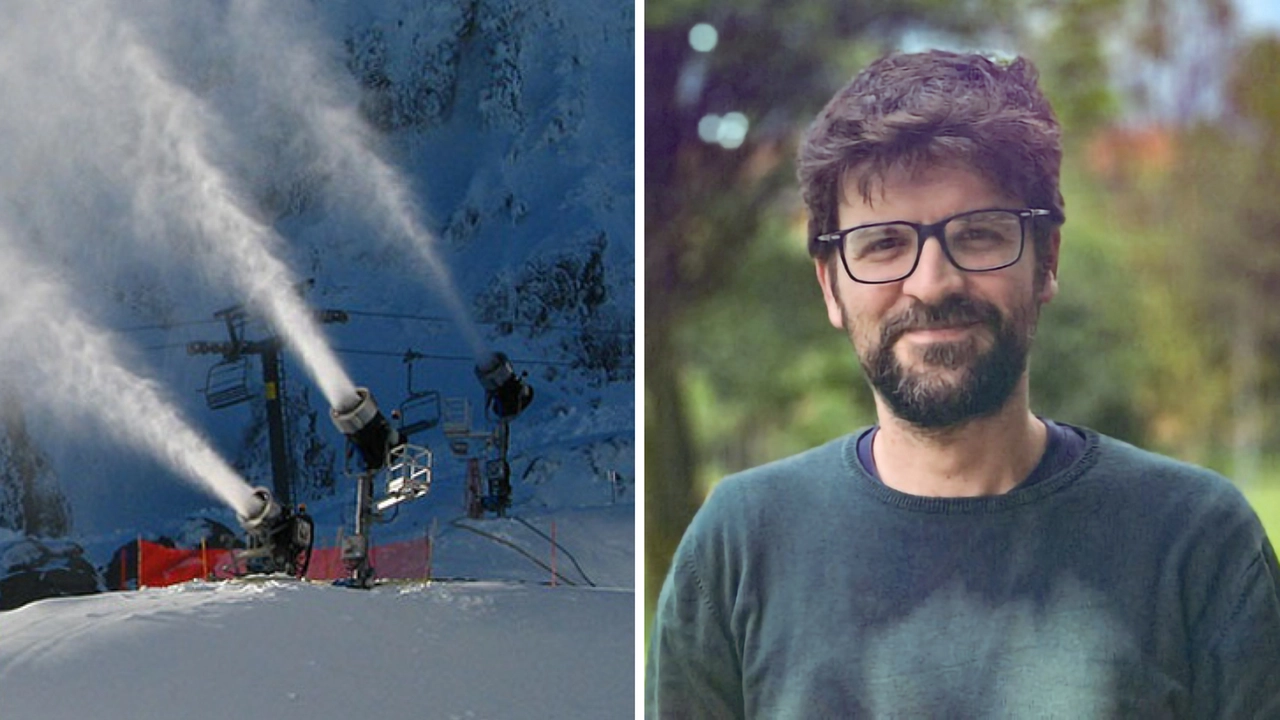 I cannoni per la neve artificiale consumo ingenti quantità d'acqua. A destra, il giornalista Duccio Facchini I cannoni per la neve artificiale consumo ingenti quantità d'acqua. A destra, il giornalista Duccio Facchini