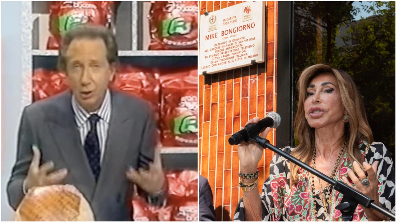 Mike Bongiorno in televisione col Gran Biscotto; a lato, la moglie Daniela Zuccoli