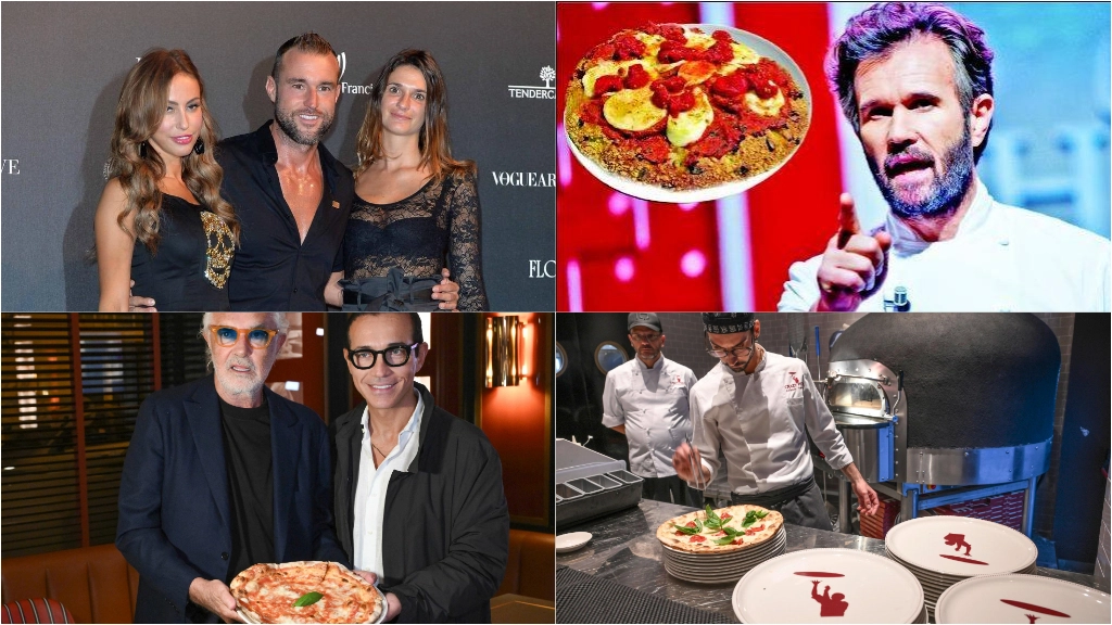 Da sinistra in alto in senso orario: lo stilista tedesco Philipp Plein, lo chef Carlo Cracco, pizzaioli all'opera al Crazy Pizza di Briatore a Napoli, Briatore assieme a Gino Sorbillo