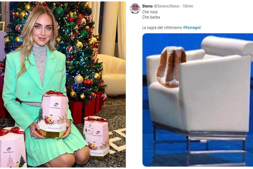 Chiara Ferragni con il pandoro Pink Christmas; a destra, un meme relativo alla vicenda