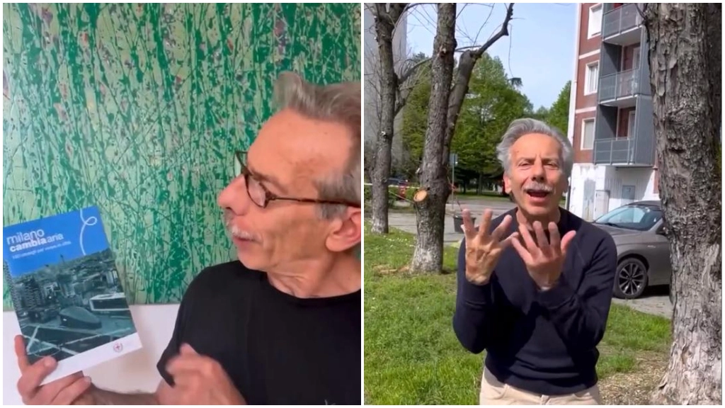 Il video di Giovanni Storti contro le potature di alcuni alberi a Milano. A sinistra, Storti con il libretto del Comune in cui viene sconsigliata la capitozzatura